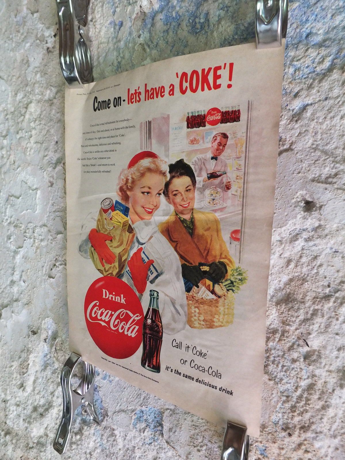 Original Vintage Cocacola Coke Poster Advertising Coca Cola beverage soda pop Coca-Cola carbonated fizzy bottle print wall art retro 1950s