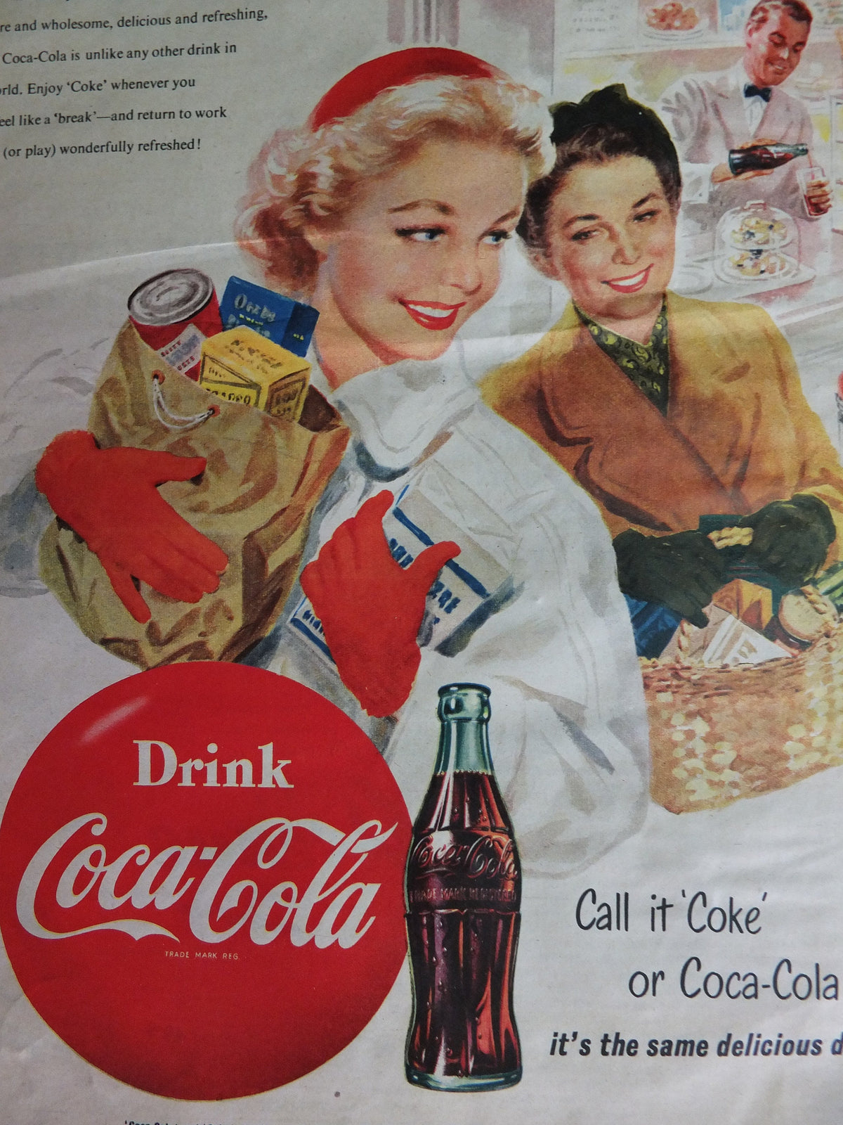 Original Vintage Cocacola Coke Poster Advertising Coca Cola beverage soda pop Coca-Cola carbonated fizzy bottle print wall art retro 1950s