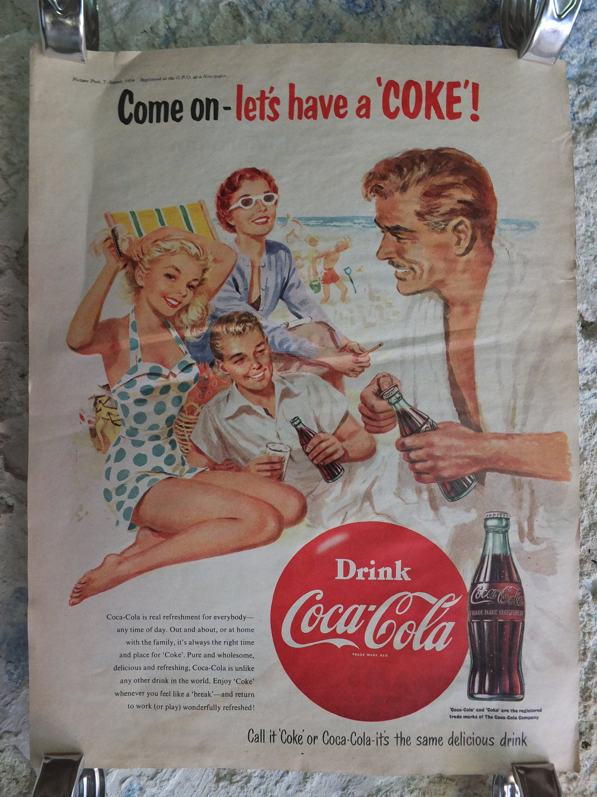 Original Vintage Cocacola Coke Poster Advertising Coca Cola beverage soda pop Coca-Cola carbonated fizzy bottle print wall art retro 1950s