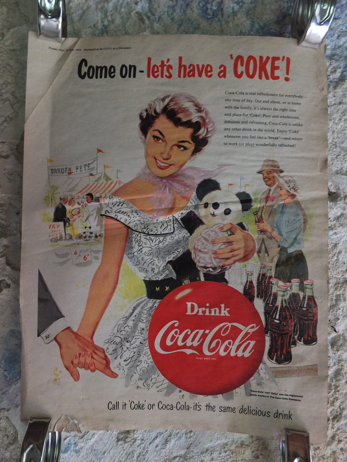 Original Vintage Cocacola Coke Poster Advertising Coca Cola beverage soda pop Coca-Cola carbonated fizzy bottle print wall art retro 1950s