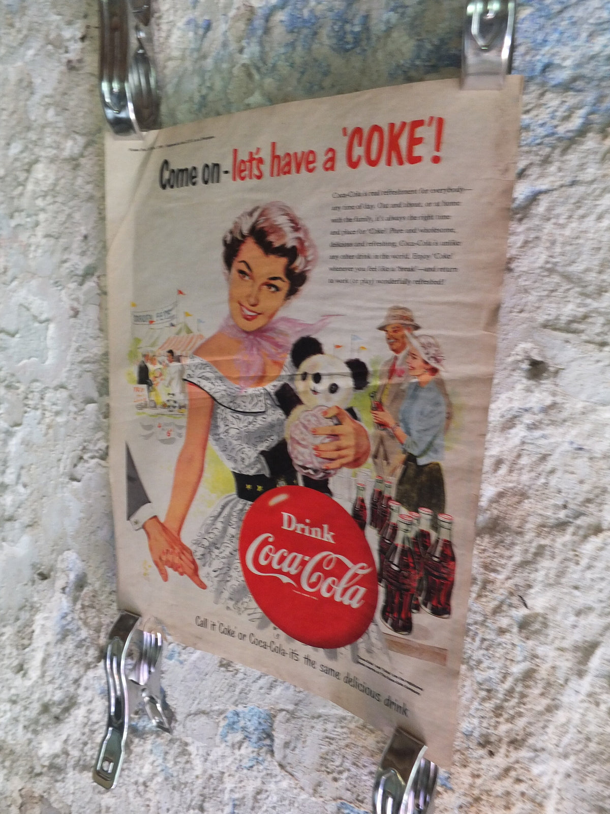 Original Vintage Cocacola Coke Poster Advertising Coca Cola beverage soda pop Coca-Cola carbonated fizzy bottle print wall art retro 1950s