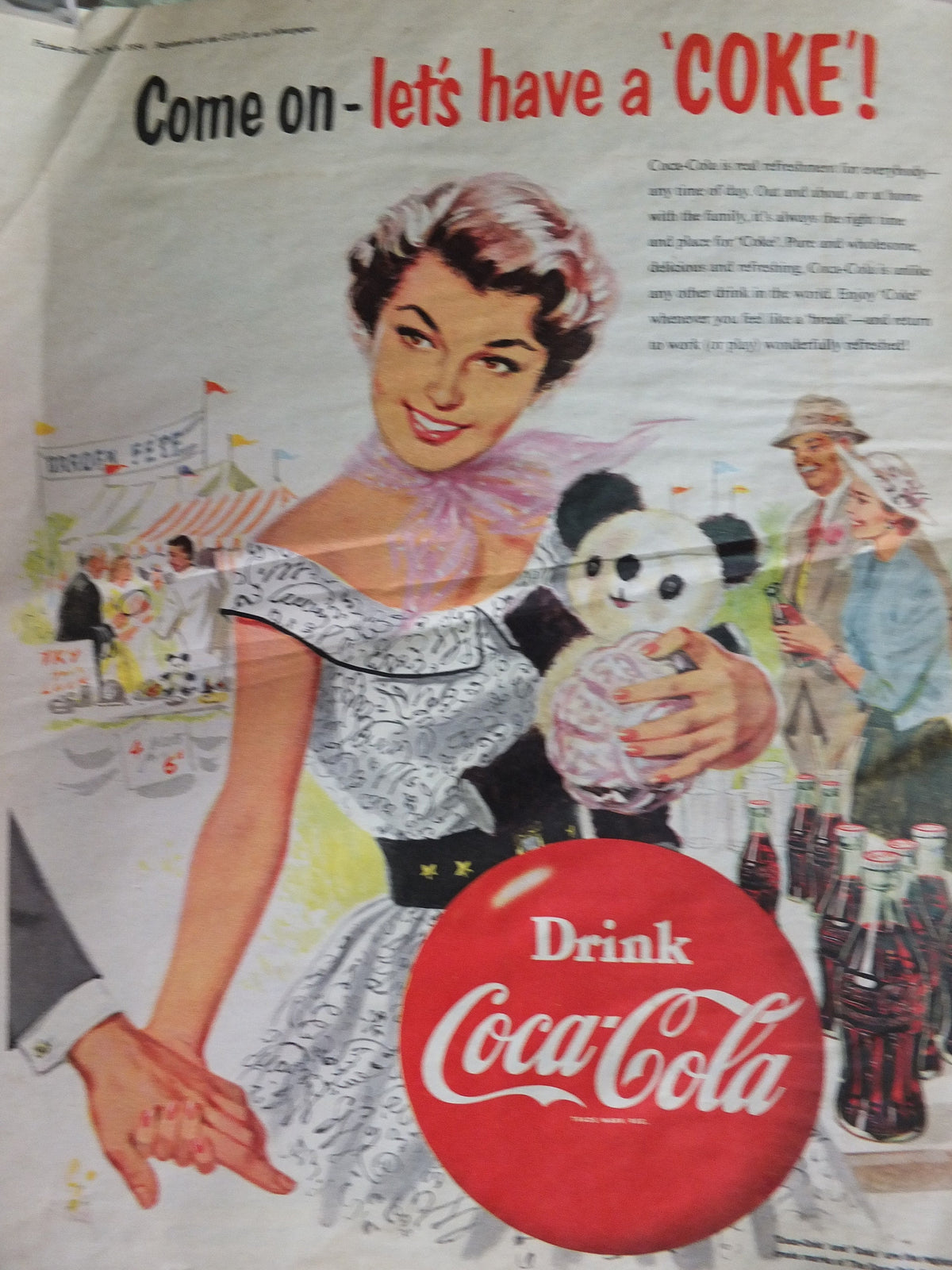 Original Vintage Cocacola Coke Poster Advertising Coca Cola beverage soda pop Coca-Cola carbonated fizzy bottle print wall art retro 1950s