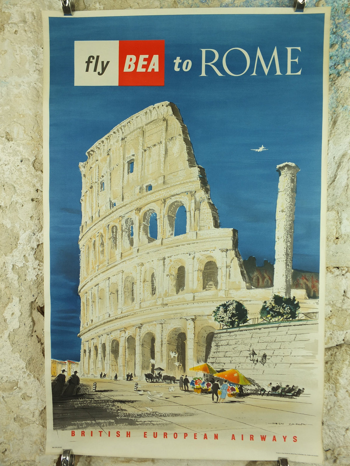 Original Vintage BEA Rome Poster Colleseum Italy British European Airlines Hugh Casson travel tourism holiday vacation wall art 1950s