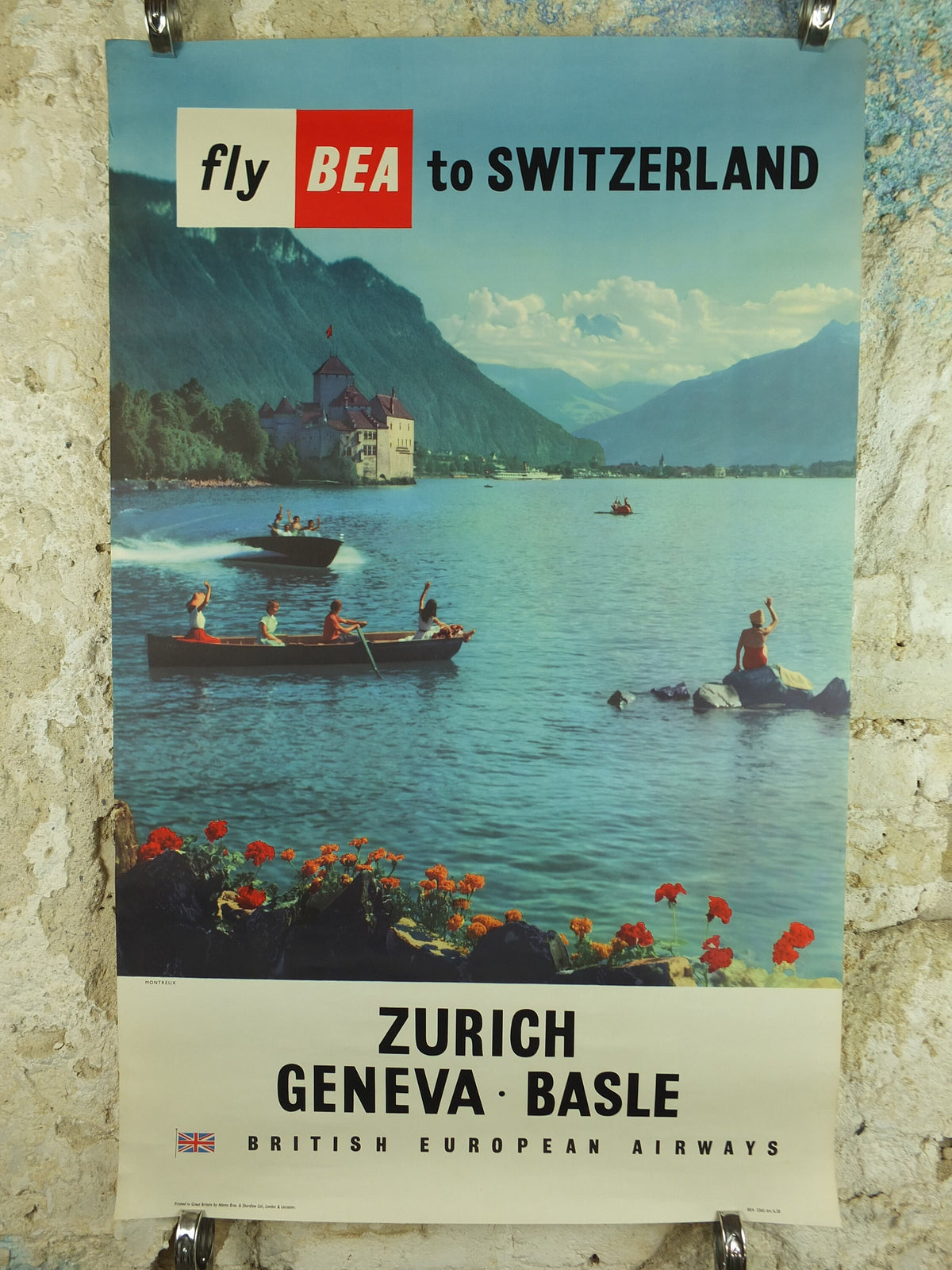 1958 Vintage BEA Switzerland Poster, Zurich Geneva Basle, British European Airlines, Montreux, travel tourism holiday vacation wall art