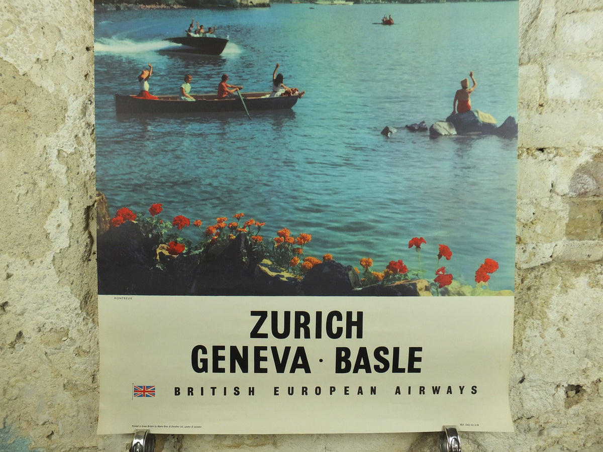 1958 Vintage BEA Switzerland Poster, Zurich Geneva Basle, British European Airlines, Montreux, travel tourism holiday vacation wall art