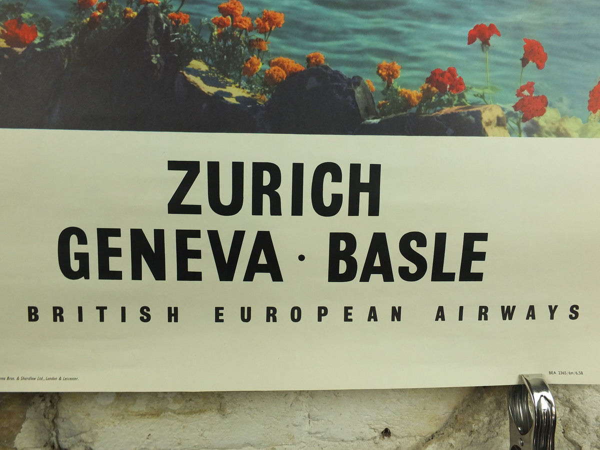 1958 Vintage BEA Switzerland Poster, Zurich Geneva Basle, British European Airlines, Montreux, travel tourism holiday vacation wall art