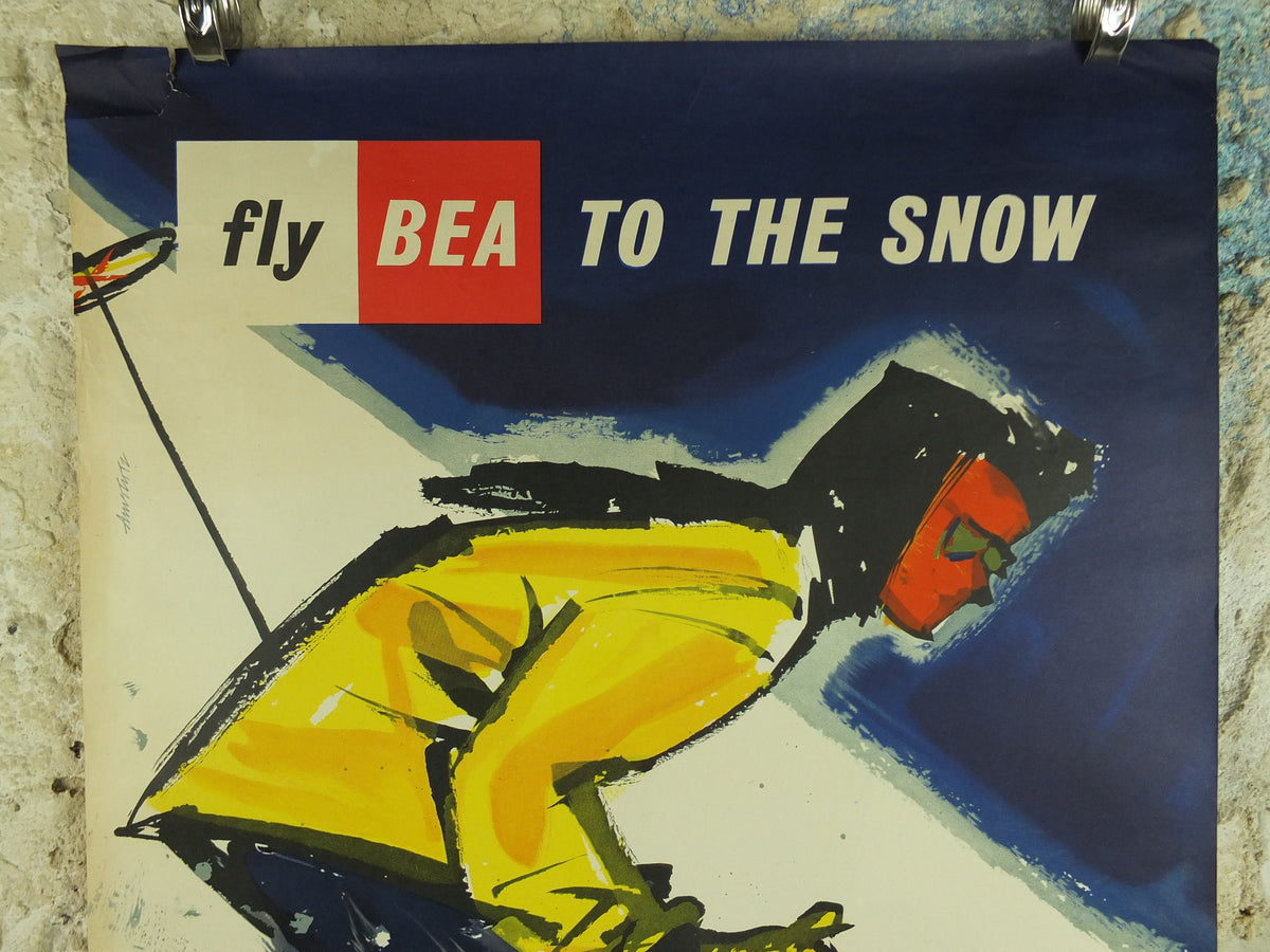 1957 BEA Snow Travel Poster, British European Airlines, Andre Amstutz, skier down a powdery white mountain, airline travel wall art decor
