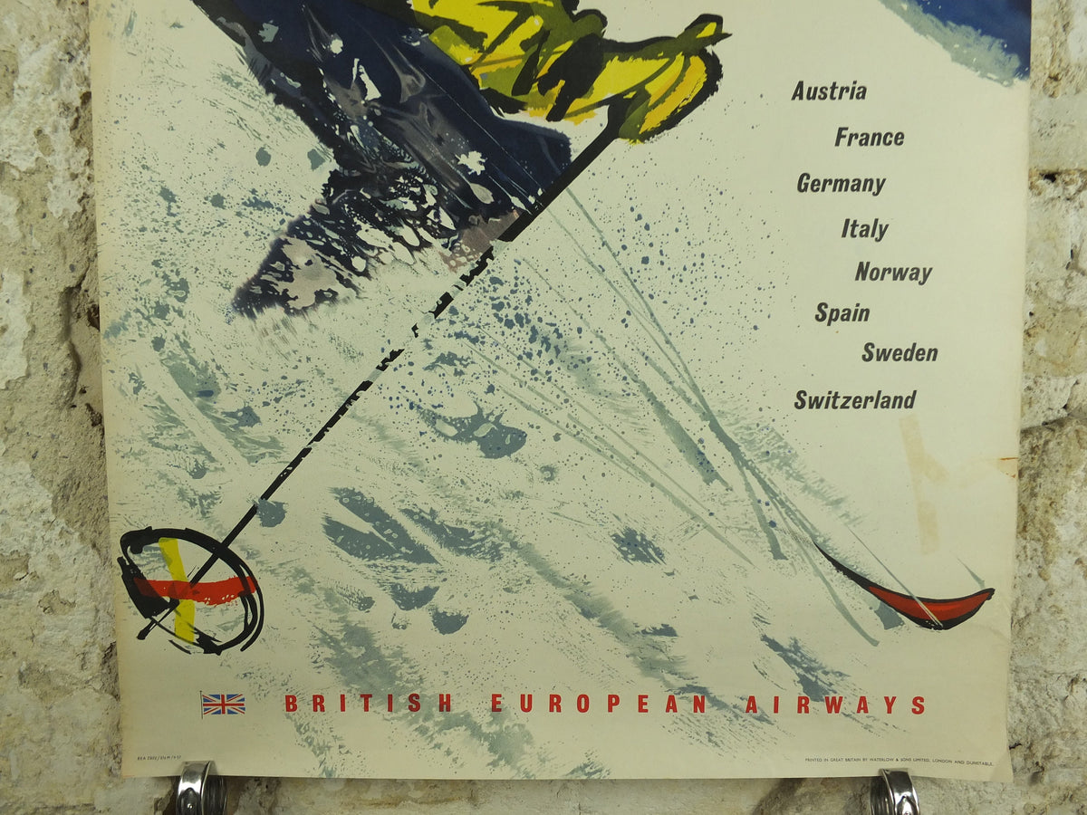 1957 BEA Snow Travel Poster, British European Airlines, Andre Amstutz, skier down a powdery white mountain, airline travel wall art decor