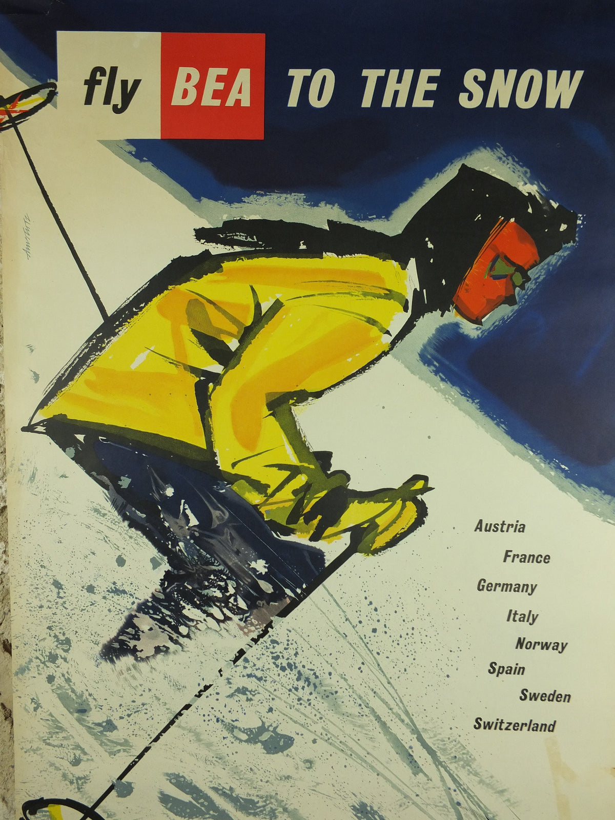 1957 BEA Snow Travel Poster, British European Airlines, Andre Amstutz, skier down a powdery white mountain, airline travel wall art decor