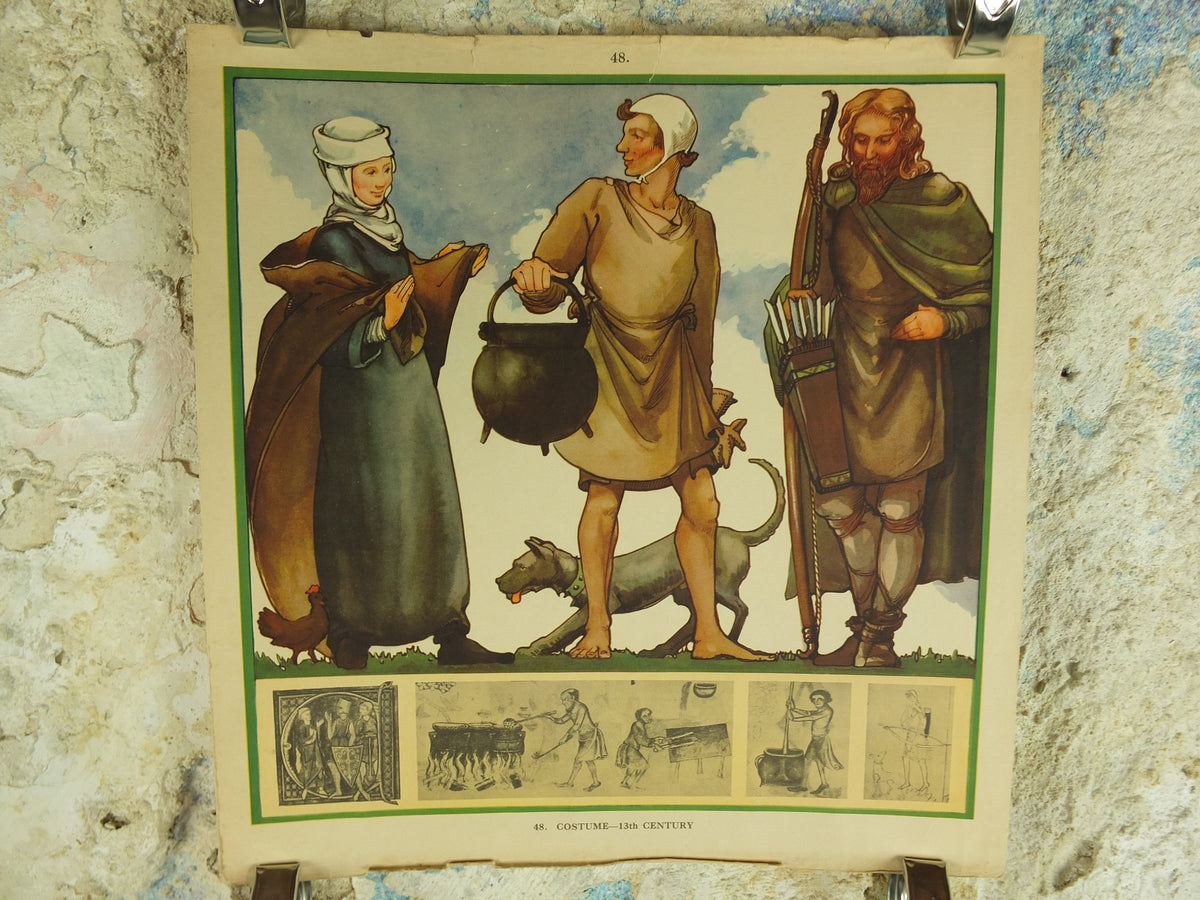 Original Vintage British Macmillan Historical Fashions Educational Poster - 13th Century Costumes - history print wall art retro 1930s