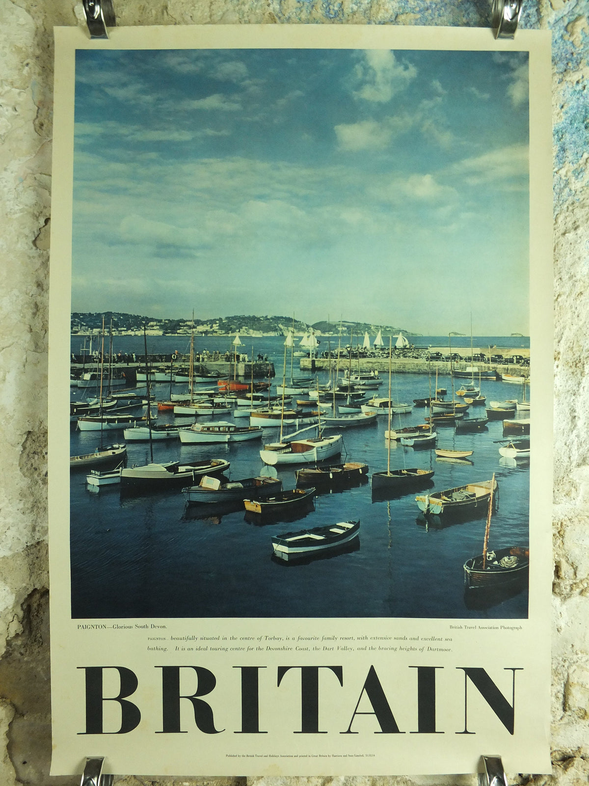 Paignton, Devon Travel Poster, Torbay, Britain, Devonshire, harbour boats, travel tourism, holiday vacation wall art 1950s