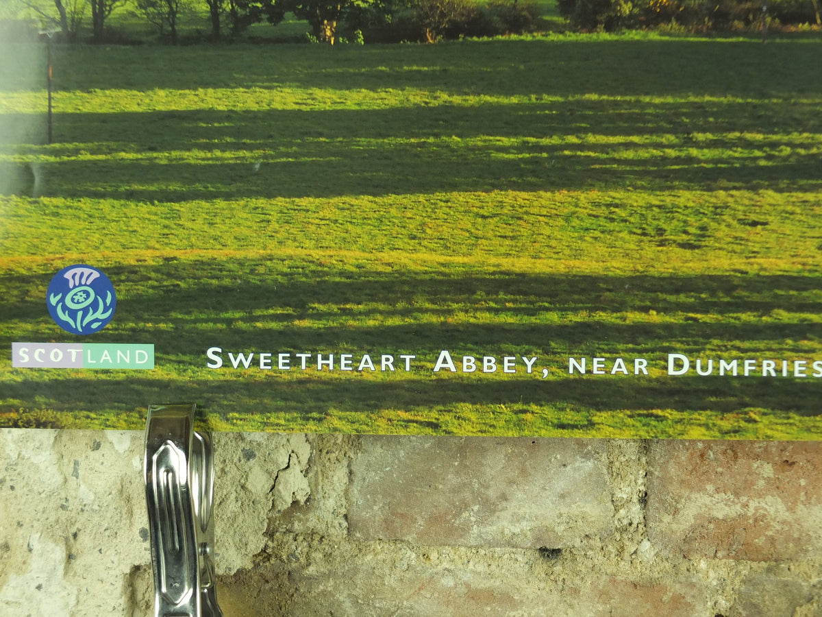 Original Vintage Scotland Travel Poster Sweetheart Abbey Dumfries Scottish lowlands Mountains travel tourism holiday vacation wall art 1990s