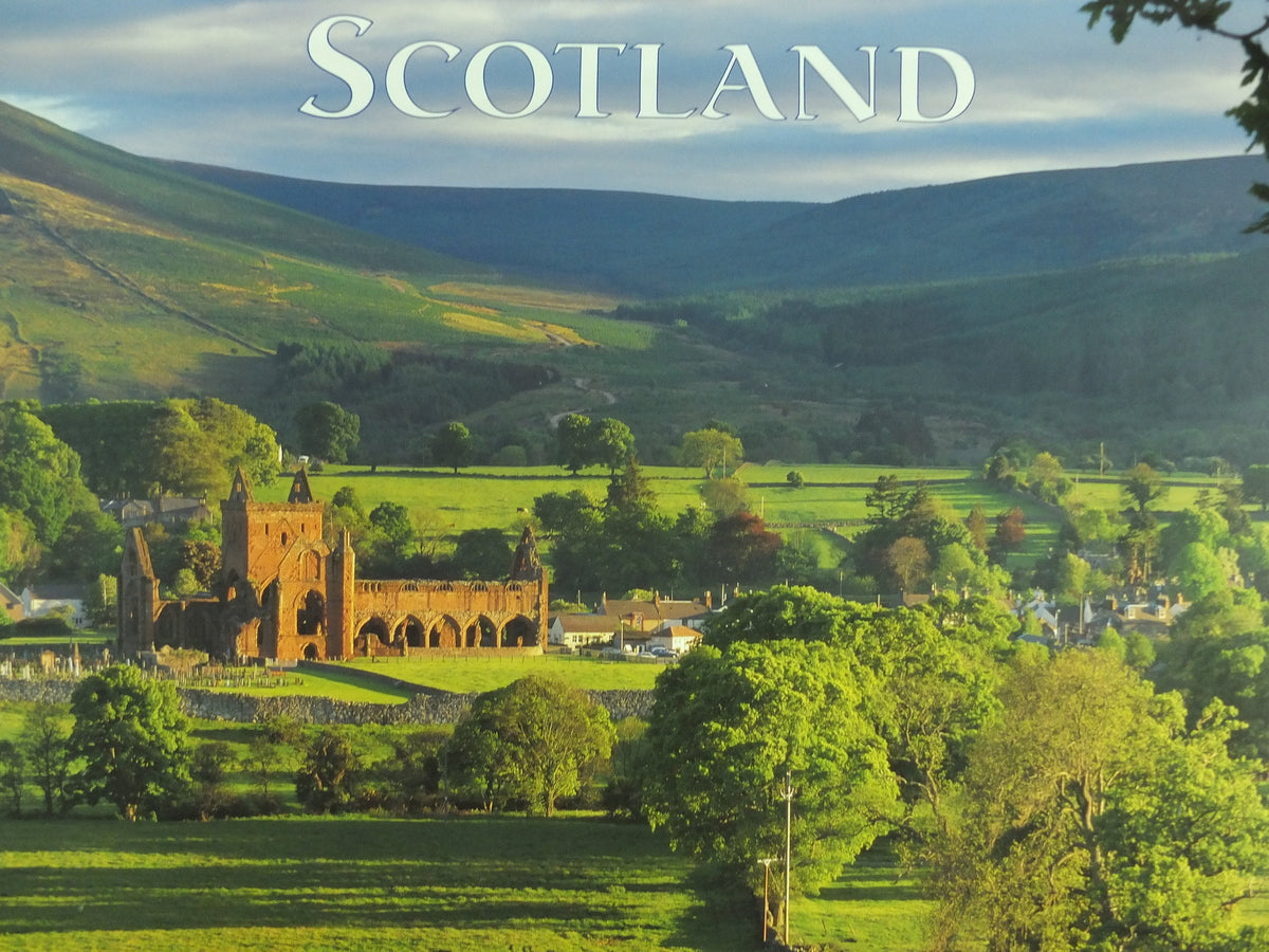 Original Vintage Scotland Travel Poster Sweetheart Abbey Dumfries Scottish lowlands Mountains travel tourism holiday vacation wall art 1990s