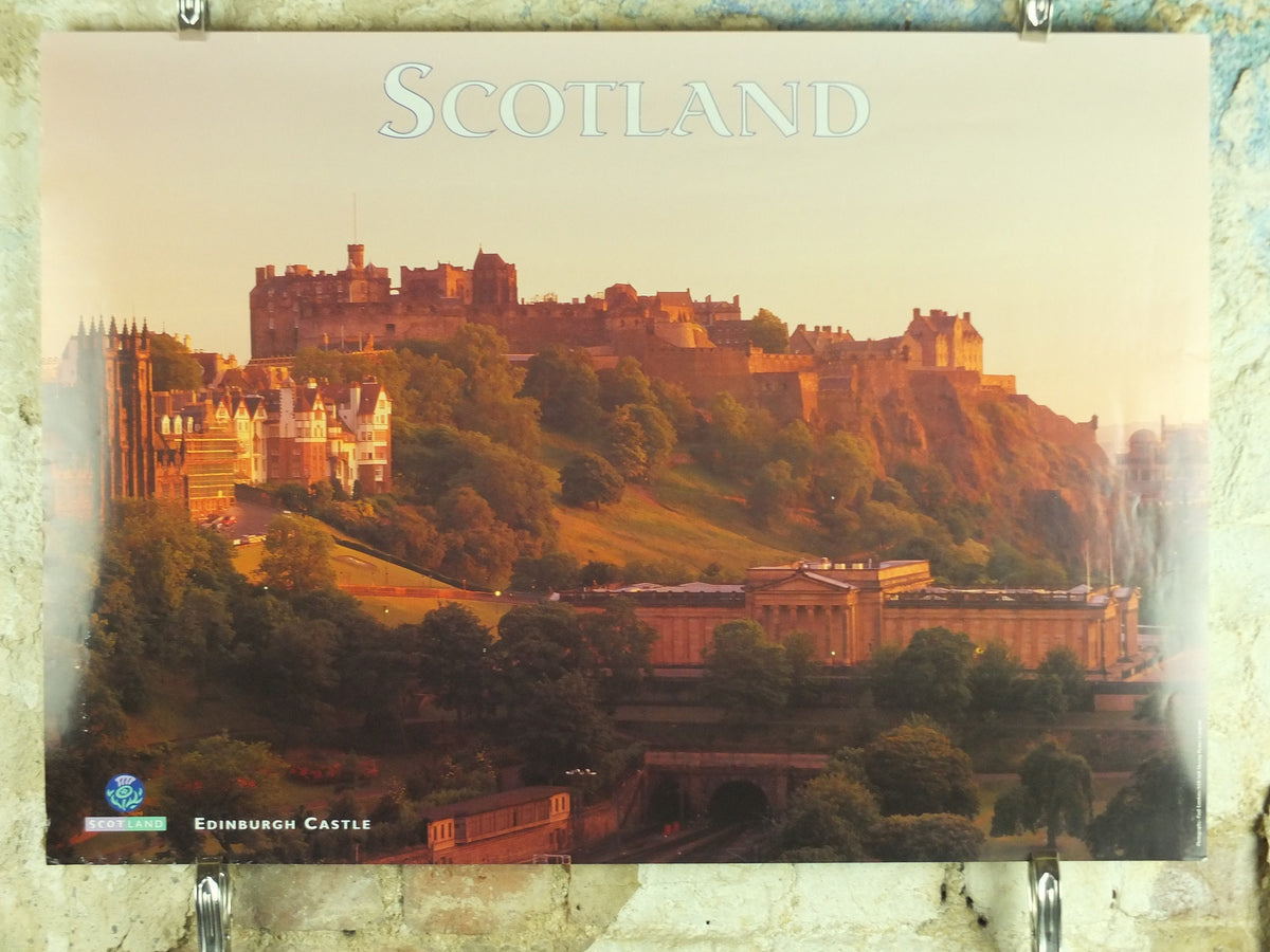 Original Vintage Scotland Travel Poster Edinburgh Castle Scottish lowlands Mountains travel tourism holiday vacation wall art 1990s