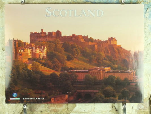 Original Vintage Scotland Travel Poster Edinburgh Castle Scottish lowlands Mountains travel tourism holiday vacation wall art 1990s