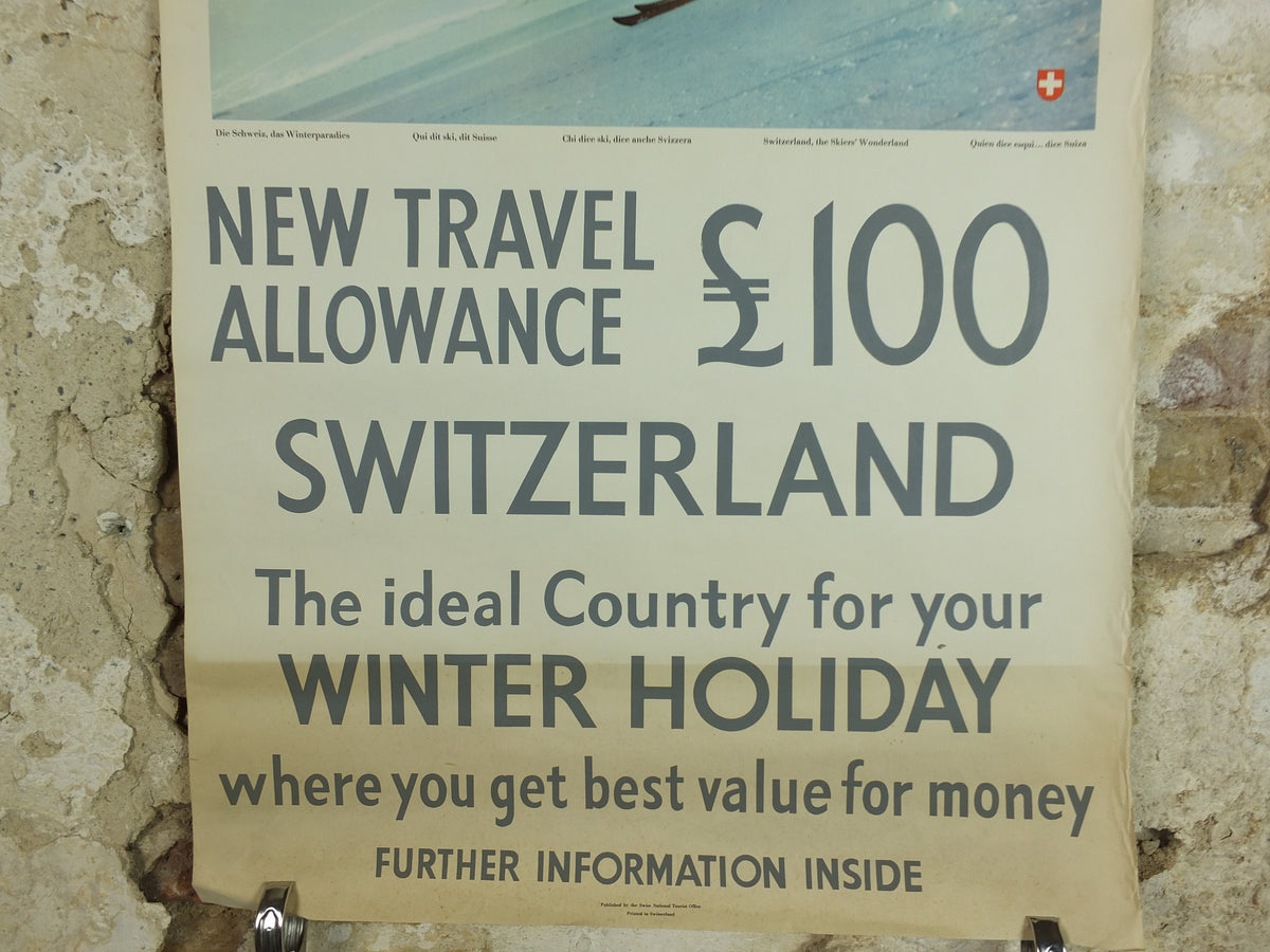 1950s Swiss Ski Travel Poster, Switzerland, Swiss National Tourist Office, Winter Holiday, travel tourism skiing vacation, wall art decor