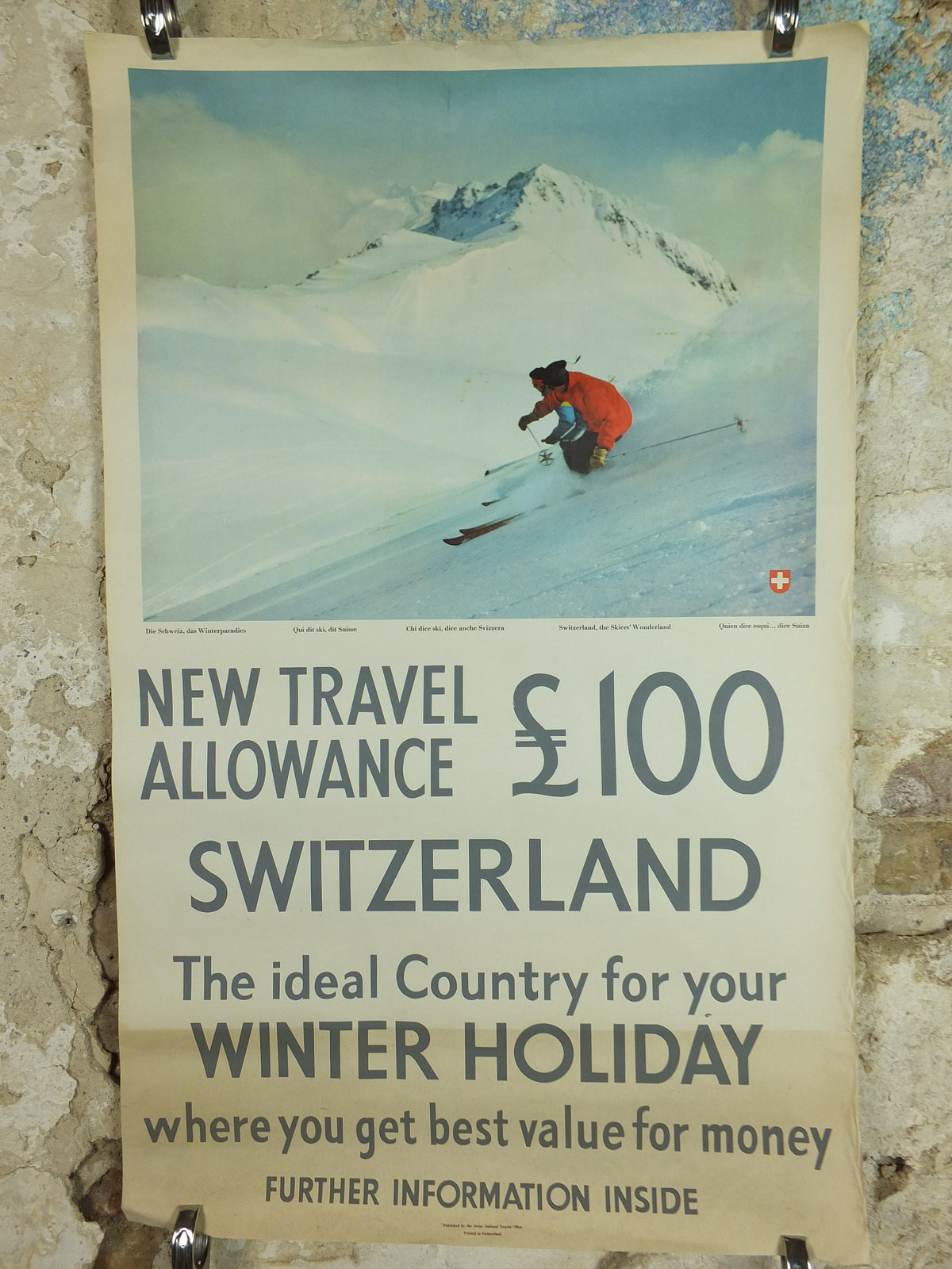1950s Swiss Ski Travel Poster, Switzerland, Swiss National Tourist Office, Winter Holiday, travel tourism skiing vacation, wall art decor