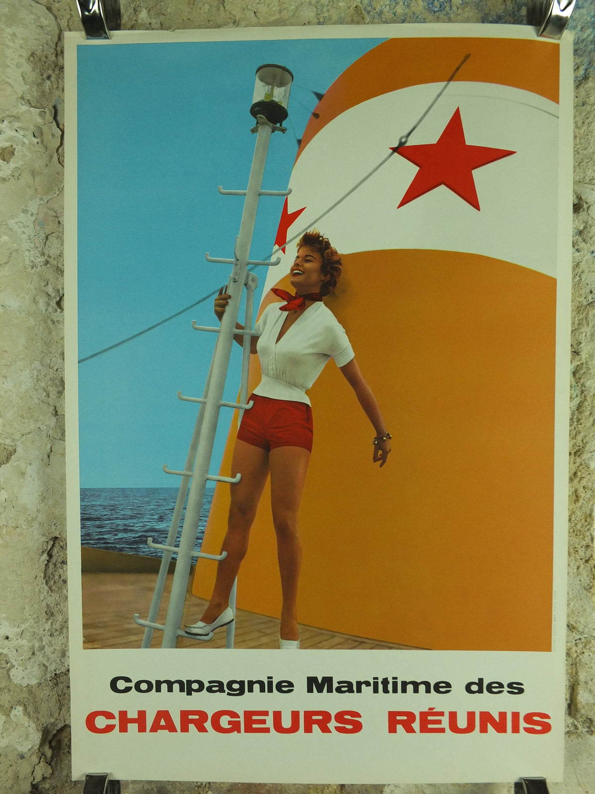 Vintage French Boating Poster, Chargeurs Renunis,white red shorts, long legs girl, shipping, woman, mid century, Advertising wall art 1950s