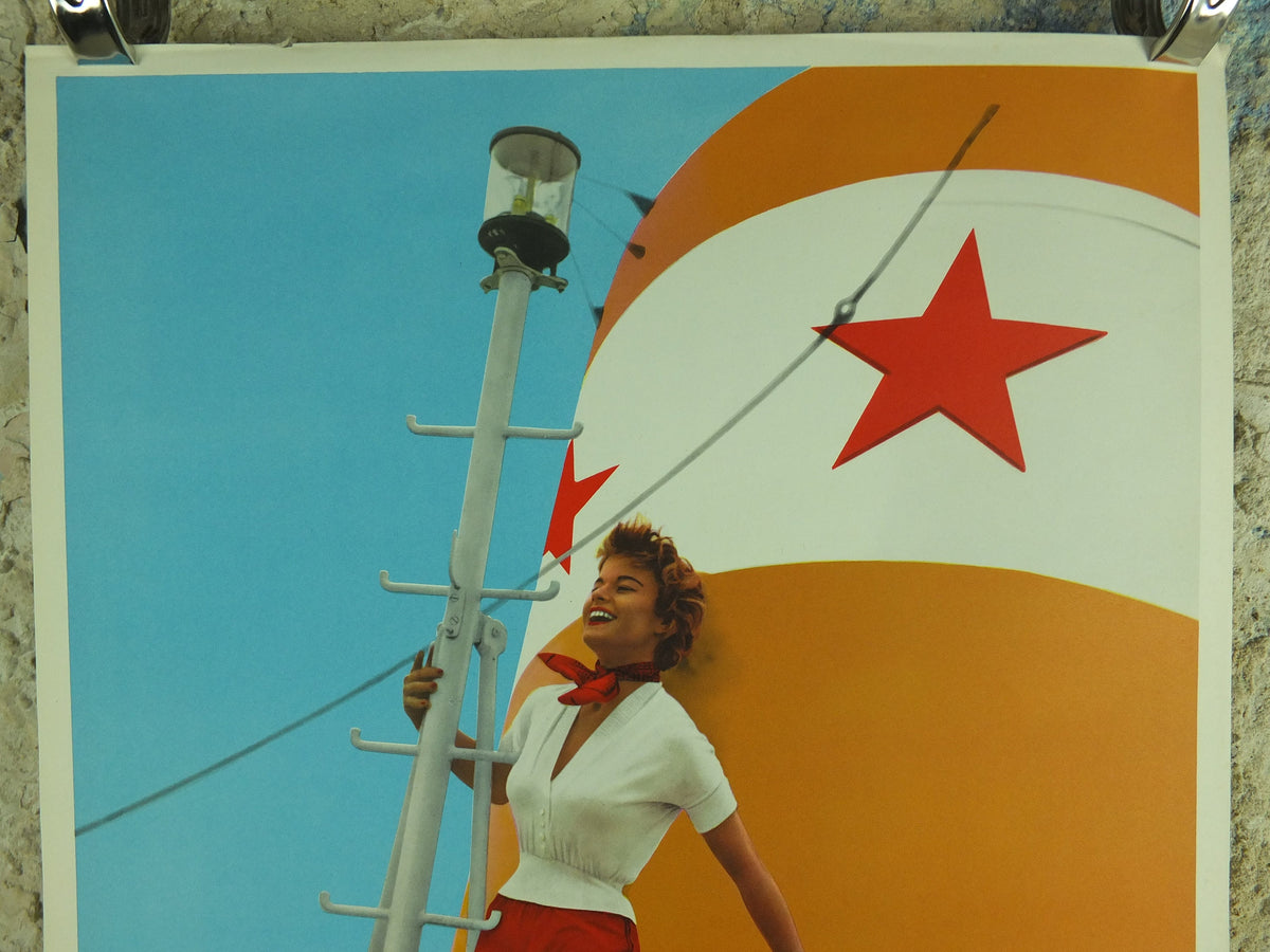 Vintage French Boating Poster, Chargeurs Renunis,white red shorts, long legs girl, shipping, woman, mid century, Advertising wall art 1950s
