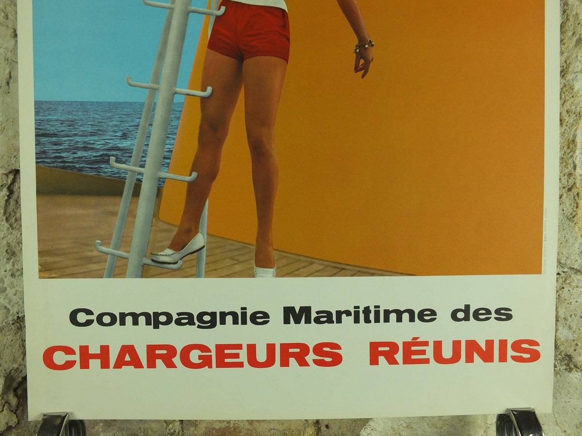 Vintage French Boating Poster, Chargeurs Renunis,white red shorts, long legs girl, shipping, woman, mid century, Advertising wall art 1950s