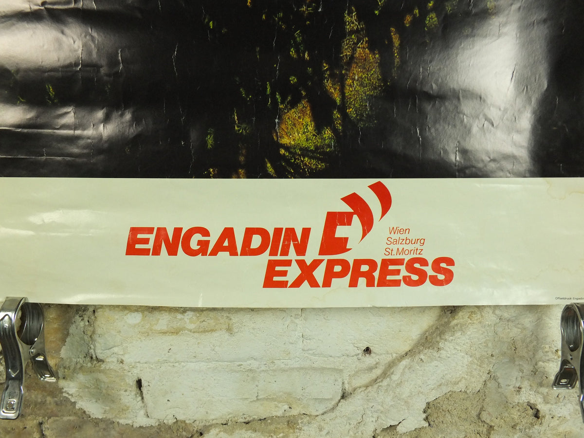 Original Vintage Swiss Engadin St Moritz Rail Poster Wein Salzburg Schweiz Suisse Switzerland train travel tourism tourist wall art 1980s