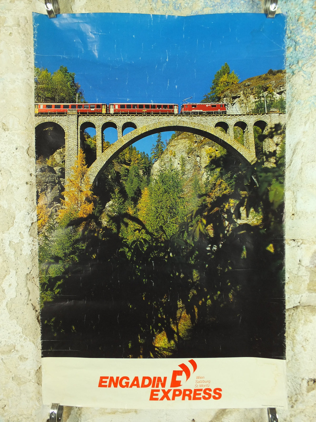 Original Vintage Swiss Engadin St Moritz Rail Poster Wein Salzburg Schweiz Suisse Switzerland train travel tourism tourist wall art 1980s