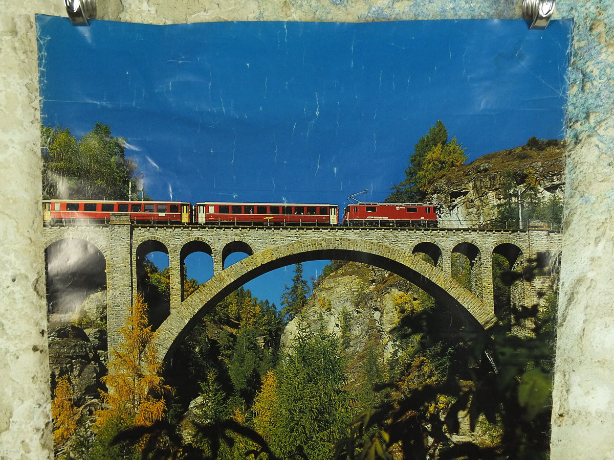 Original Vintage Swiss Engadin St Moritz Rail Poster Wein Salzburg Schweiz Suisse Switzerland train travel tourism tourist wall art 1980s