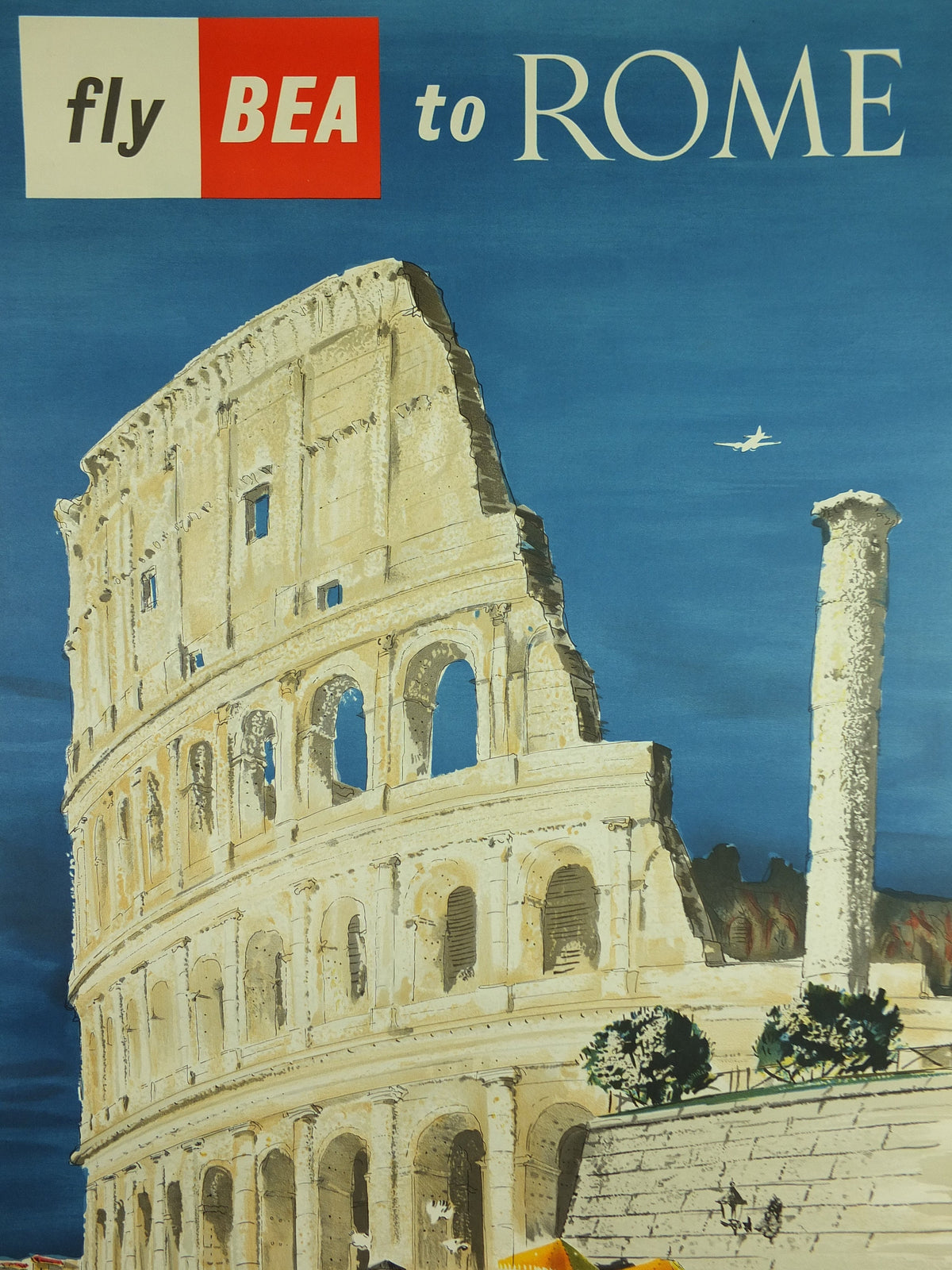 Original Vintage BEA Rome Poster Colleseum Italy British European Airlines Hugh Casson travel tourism holiday vacation wall art 1950s