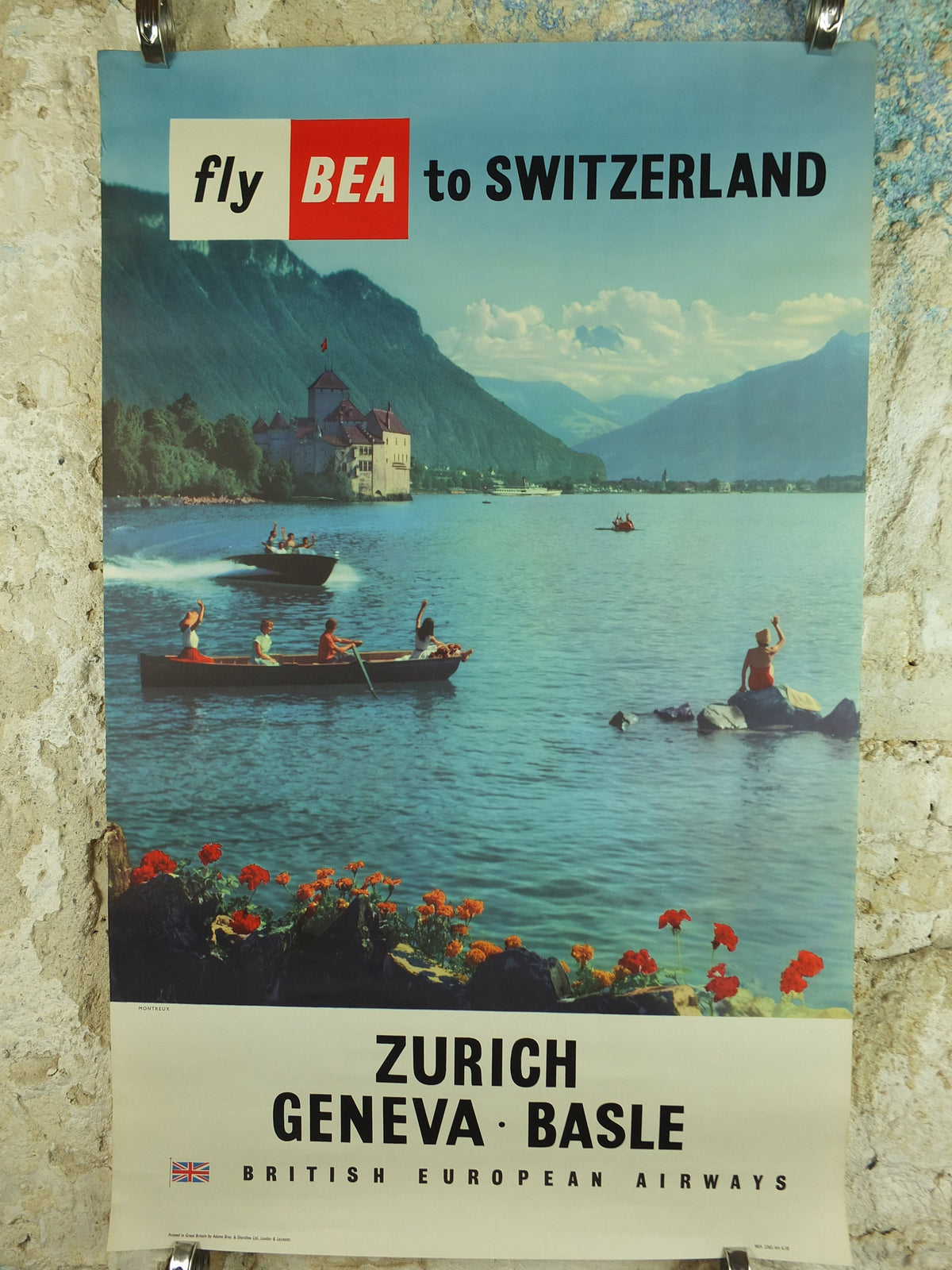 1958 Vintage BEA Switzerland Poster, Zurich Geneva Basle, British European Airlines, Montreux, travel tourism holiday vacation wall art