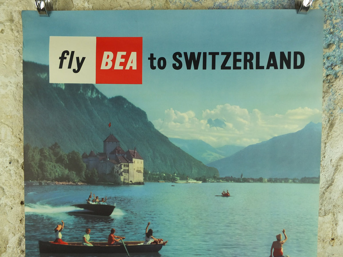 1958 Vintage BEA Switzerland Poster, Zurich Geneva Basle, British European Airlines, Montreux, travel tourism holiday vacation wall art