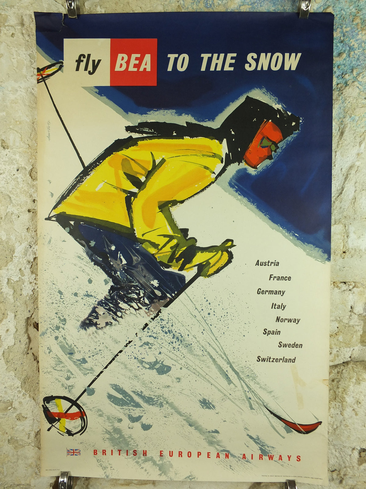 1957 BEA Snow Travel Poster, British European Airlines, Andre Amstutz, skier down a powdery white mountain, airline travel wall art decor