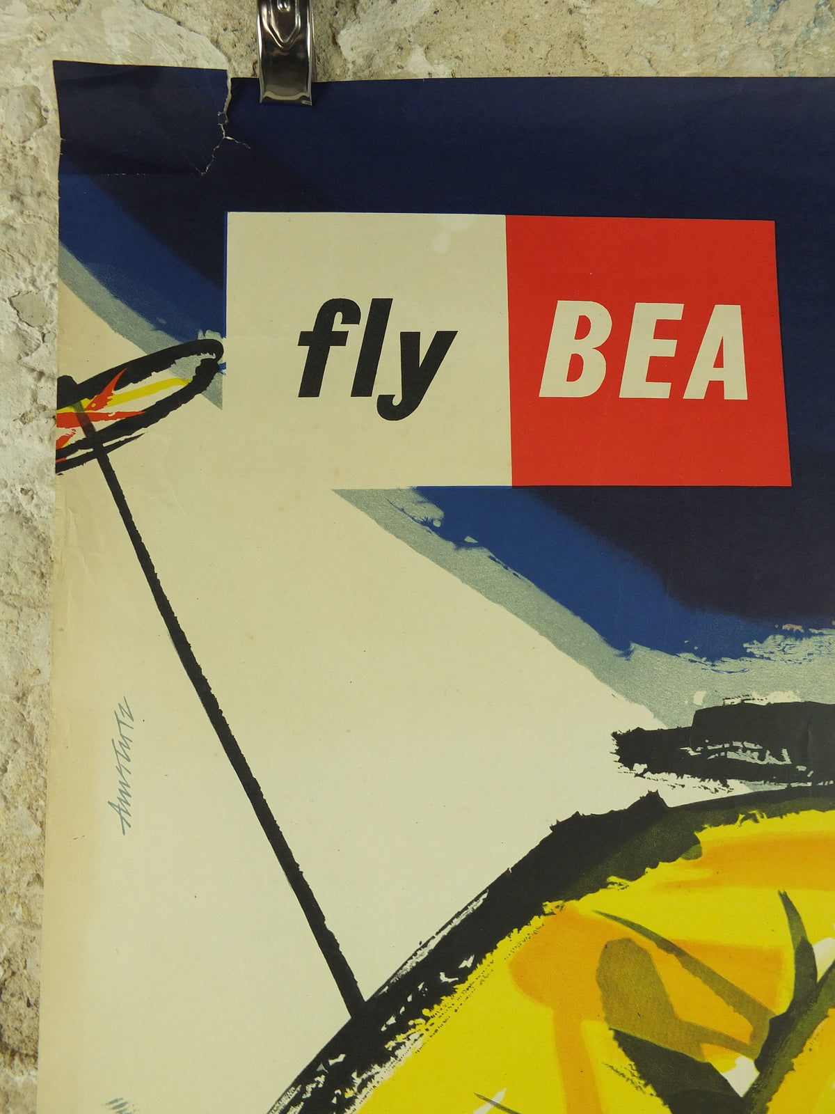 1957 BEA Snow Travel Poster, British European Airlines, Andre Amstutz, skier down a powdery white mountain, airline travel wall art decor