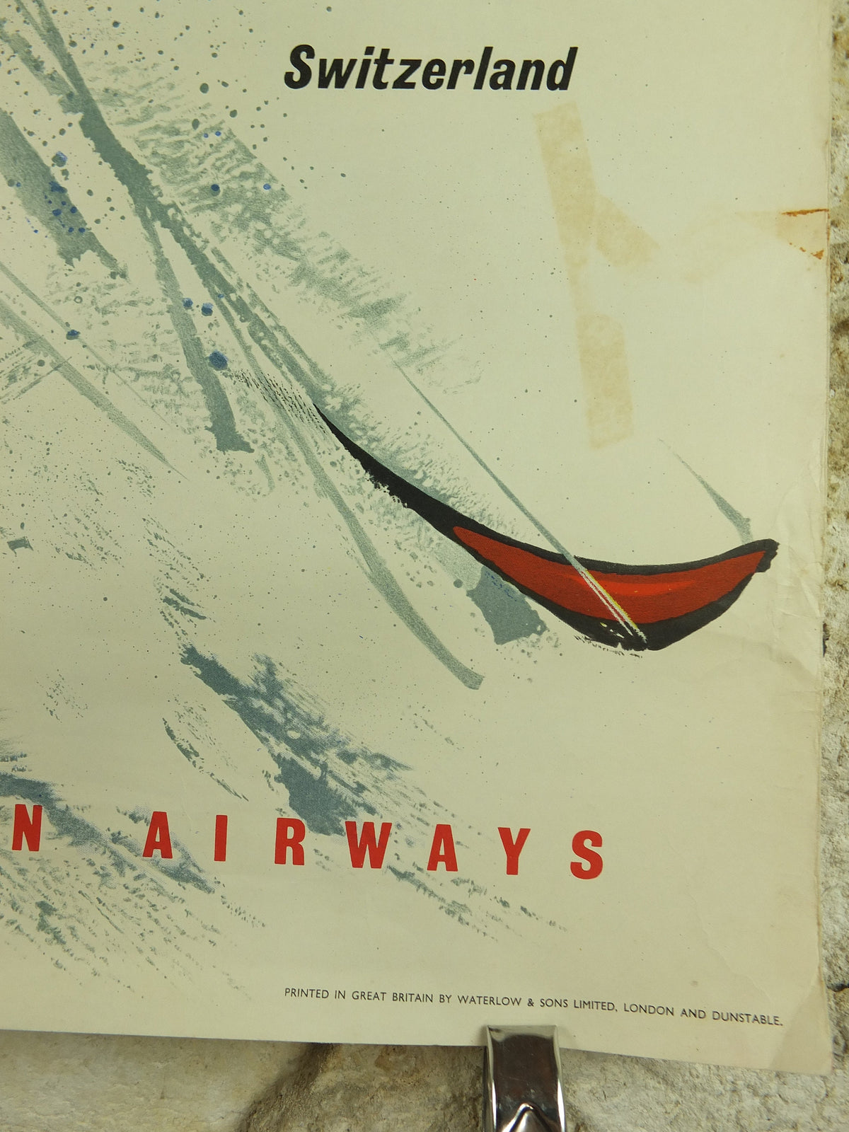 1957 BEA Snow Travel Poster, British European Airlines, Andre Amstutz, skier down a powdery white mountain, airline travel wall art decor