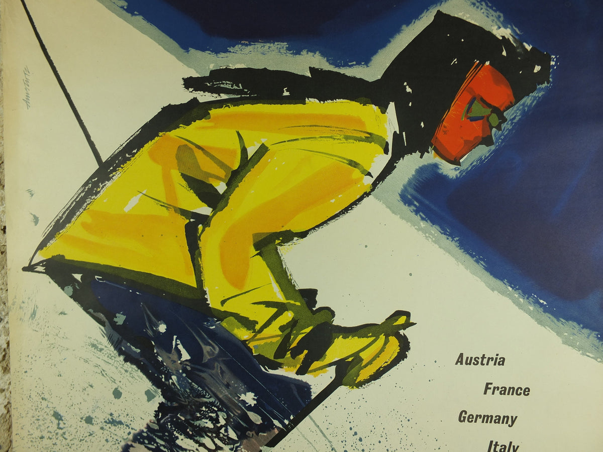 1957 BEA Snow Travel Poster, British European Airlines, Andre Amstutz, skier down a powdery white mountain, airline travel wall art decor