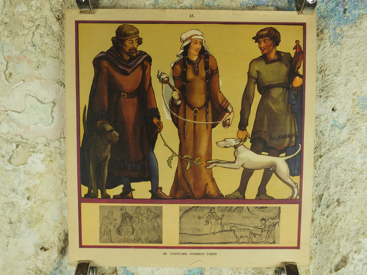 Original Vintage British Macmillan Historical Fashions Educational Poster - Norman times Costumes - history print wall art retro 1930s