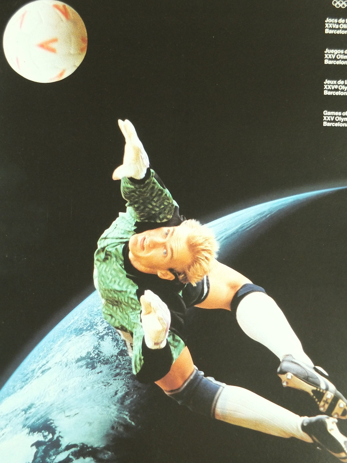 Original Vintage Olympic Spanish Barcelona 1992 Football Poster soccer ball goalkeeper dive goalie Olympiad sport wall art 1990s