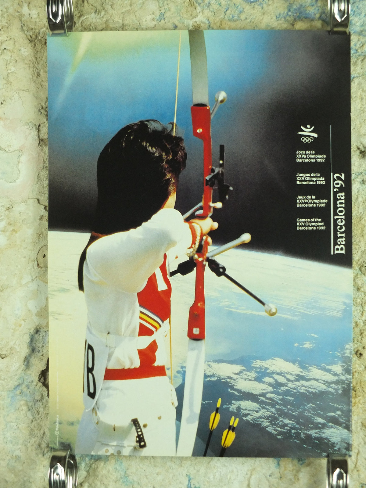 Original Vintage Olympic Spanish Barcelona 1992 Archery Poster bow arrow shooting quiver NASA world Olympiad sport wall art 1990s