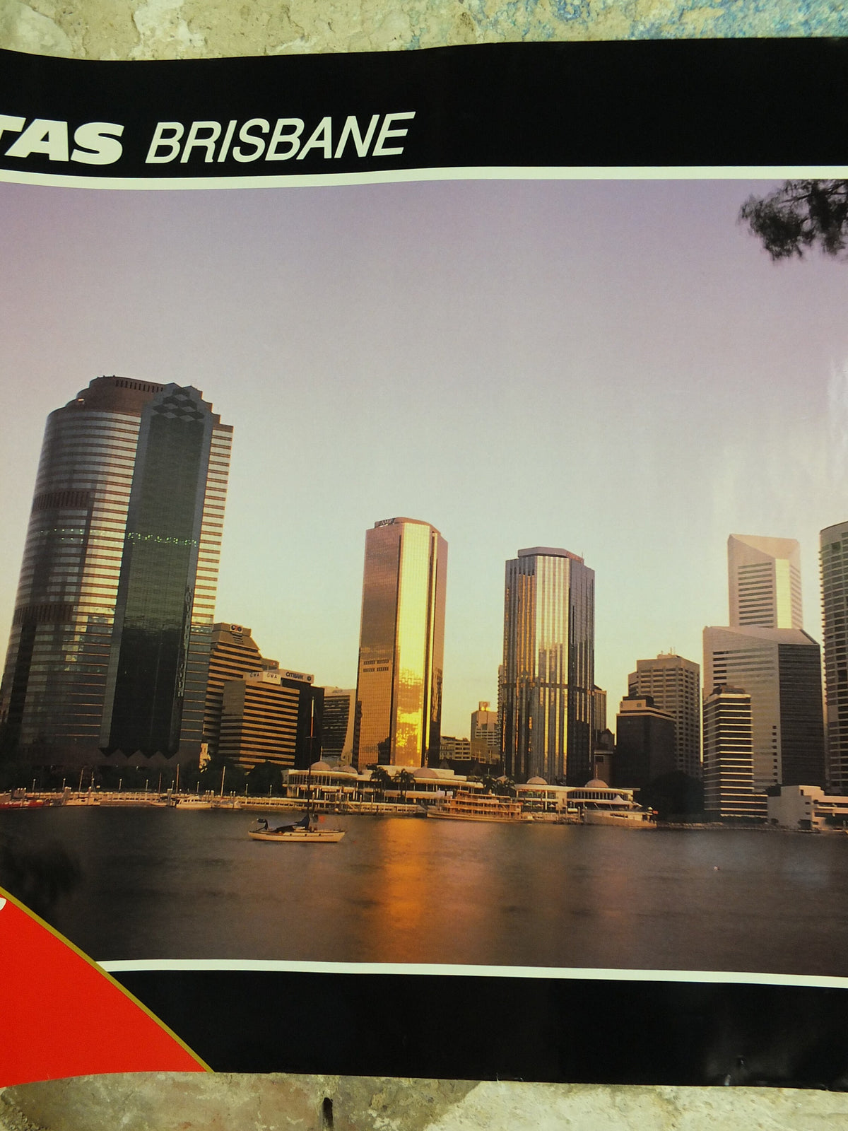 Original Vintage Australia Qantas Brisbane Travel Poster city bay harbour skyscrapers travel tourism holiday vacation wall art 1990