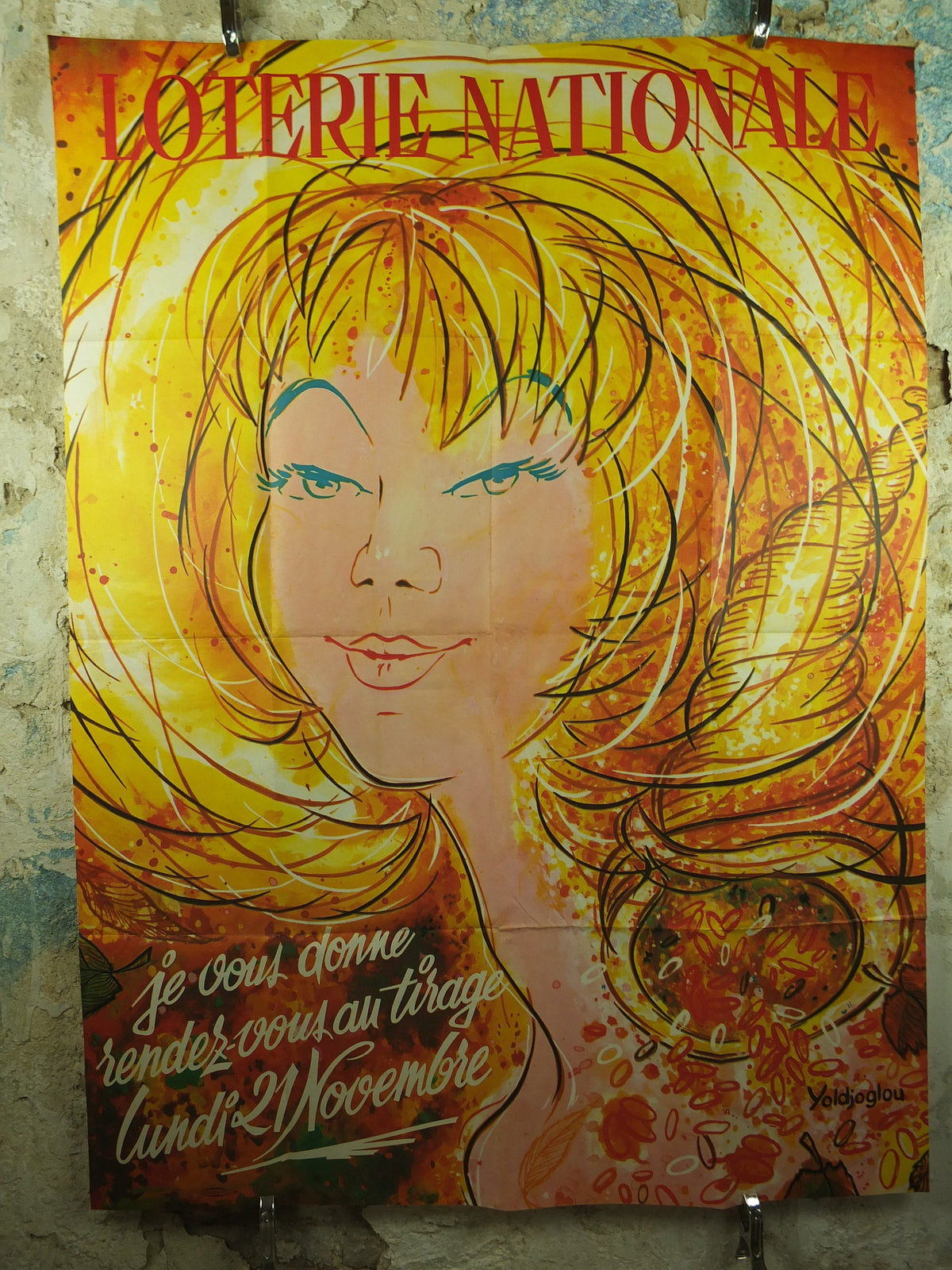 Original Vintage Blonde French National Lottery Poster Advertising Yoldjoglou money coins gold 21 November print wall art retro 1966 1960s