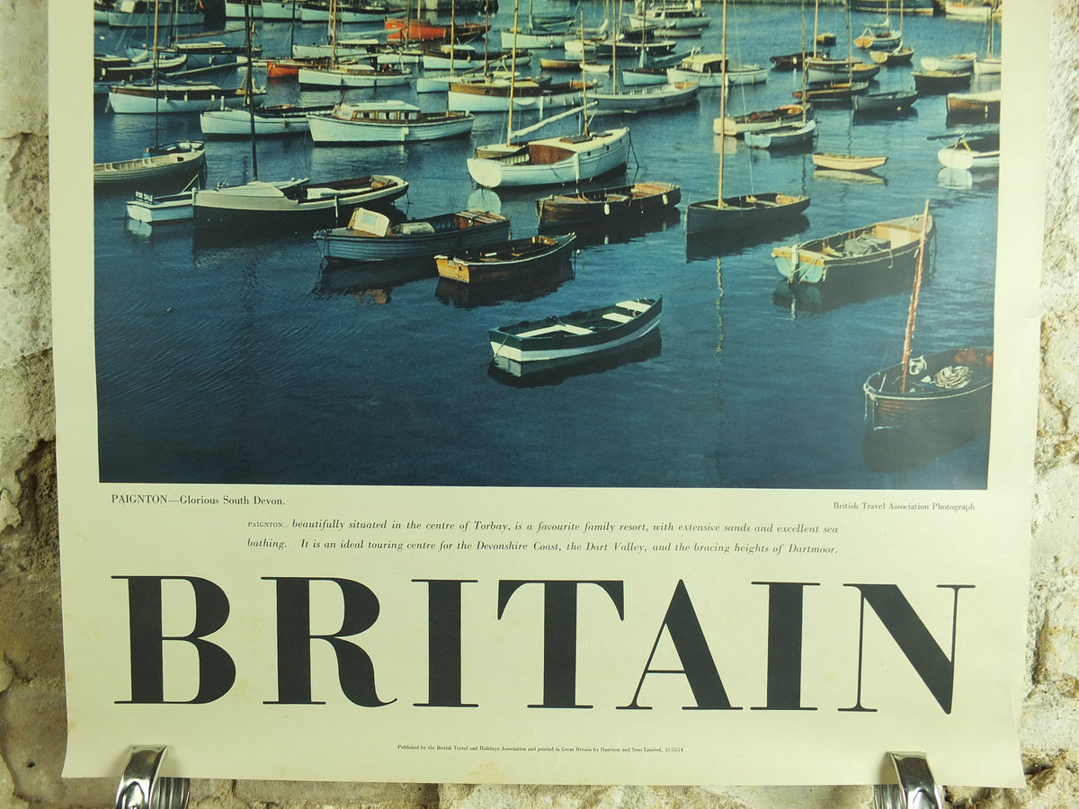 Paignton, Devon Travel Poster, Torbay, Britain, Devonshire, harbour boats, travel tourism, holiday vacation wall art 1950s