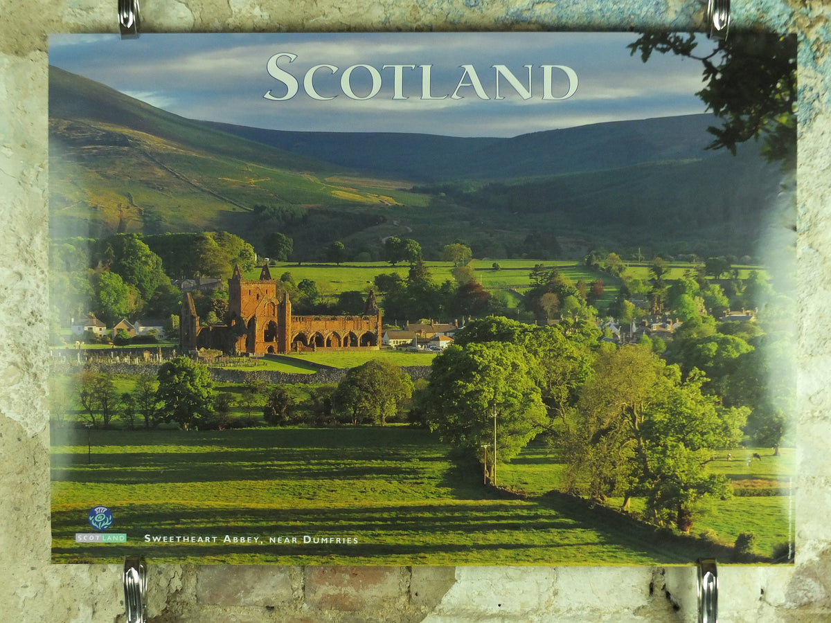 Original Vintage Scotland Travel Poster Sweetheart Abbey Dumfries Scottish lowlands Mountains travel tourism holiday vacation wall art 1990s
