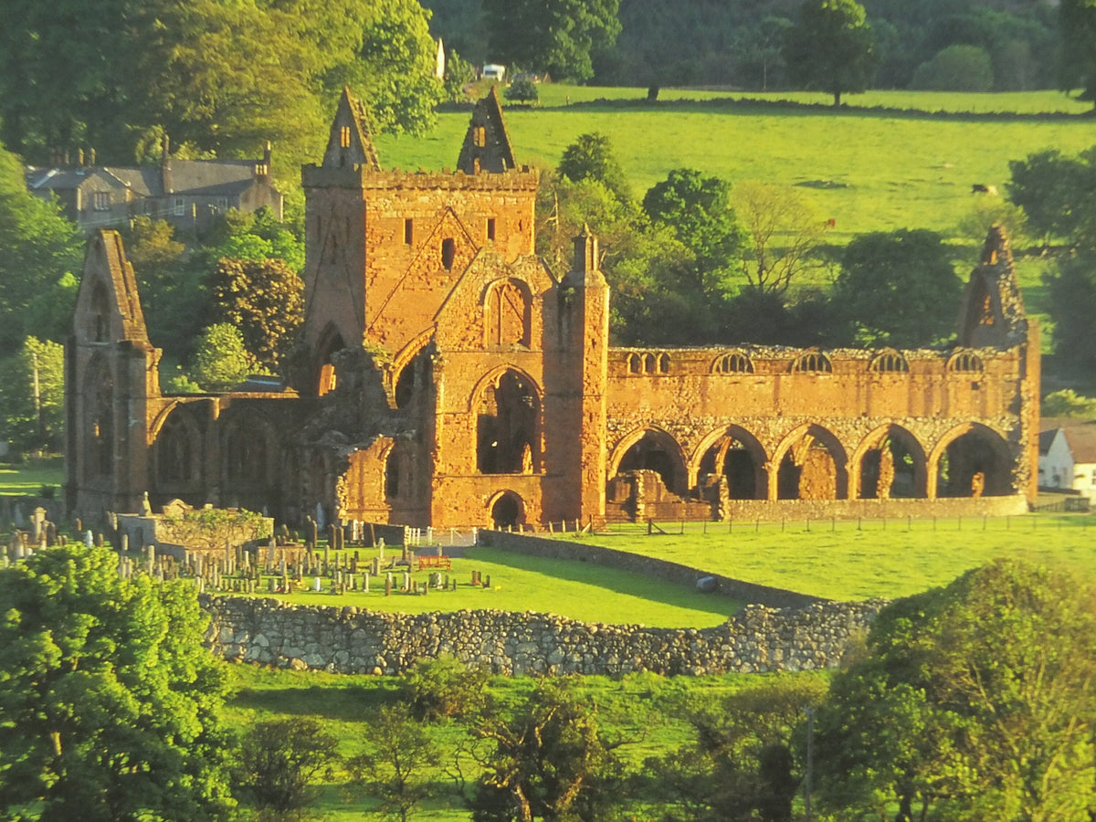 Original Vintage Scotland Travel Poster Sweetheart Abbey Dumfries Scottish lowlands Mountains travel tourism holiday vacation wall art 1990s