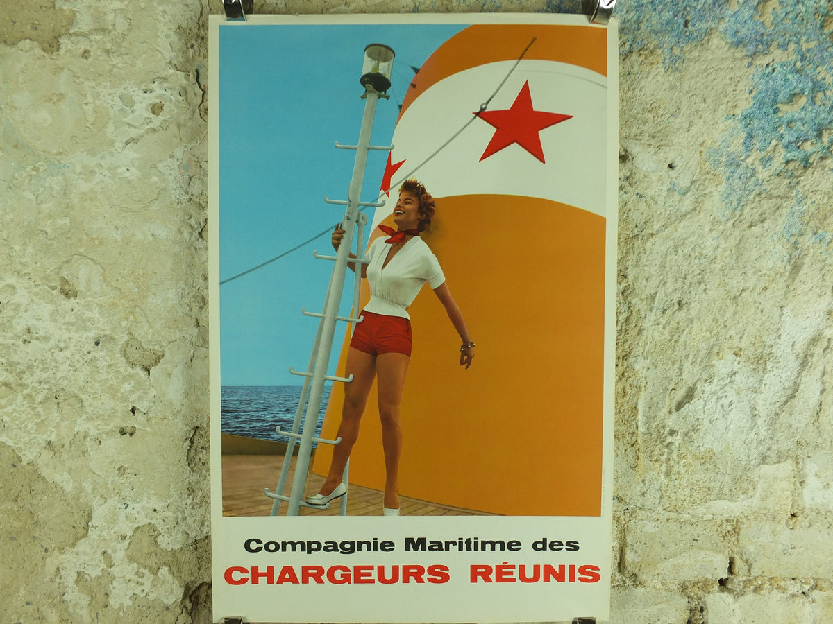Vintage French Boating Poster, Chargeurs Renunis,white red shorts, long legs girl, shipping, woman, mid century, Advertising wall art 1950s