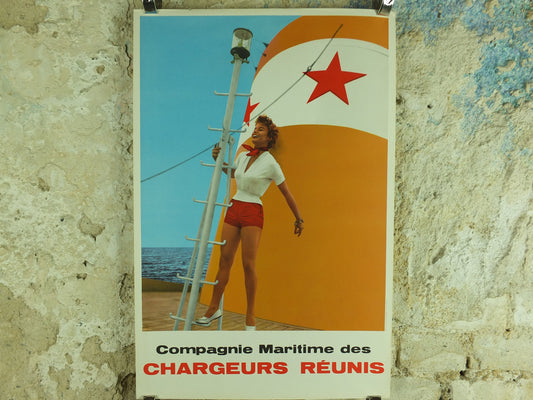 Vintage French Boating Poster, Chargeurs Renunis,white red shorts, long legs girl, shipping, woman, mid century, Advertising wall art 1950s