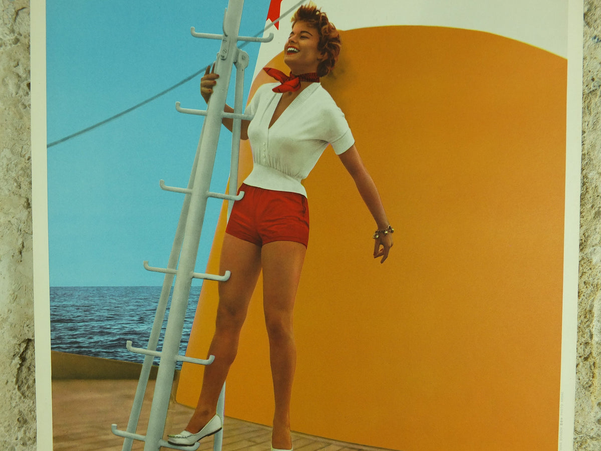 Vintage French Boating Poster, Chargeurs Renunis,white red shorts, long legs girl, shipping, woman, mid century, Advertising wall art 1950s