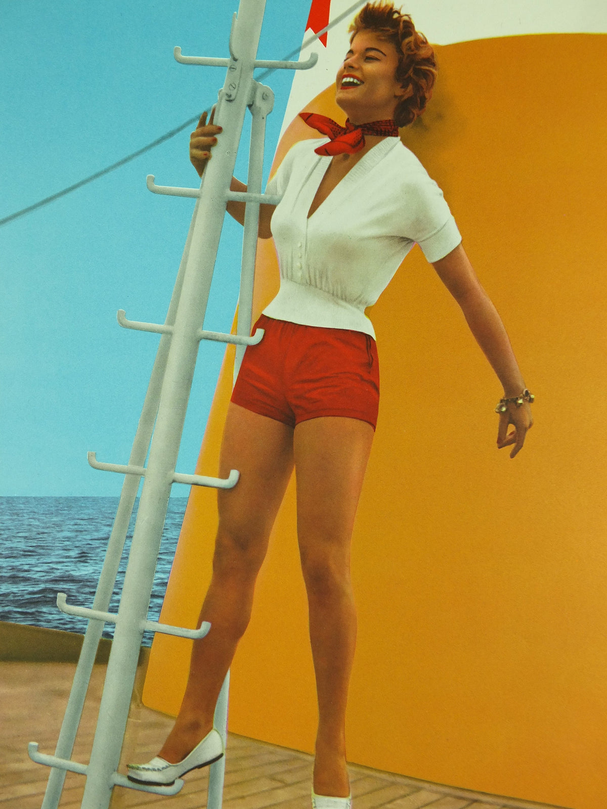 Vintage French Boating Poster, Chargeurs Renunis,white red shorts, long legs girl, shipping, woman, mid century, Advertising wall art 1950s