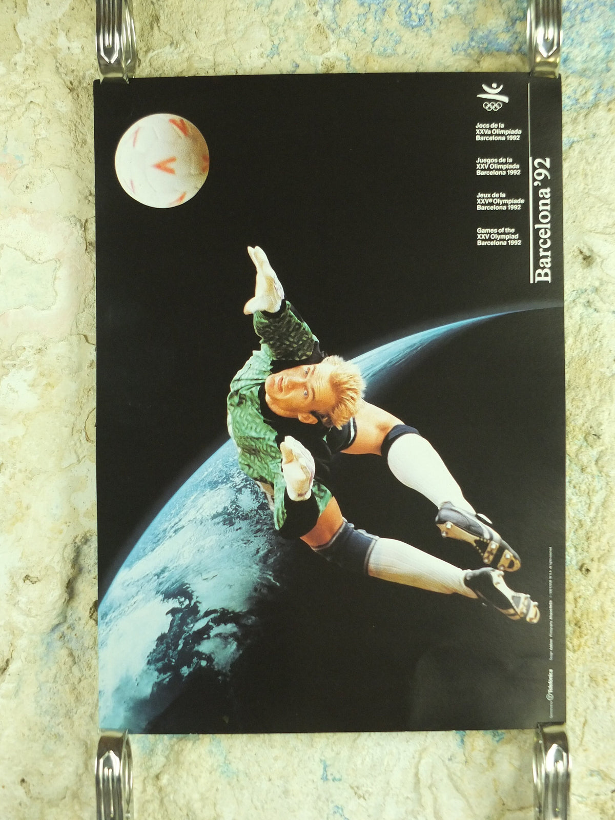 Original Vintage Olympic Spanish Barcelona 1992 Football Poster soccer ball goalkeeper dive goalie Olympiad sport wall art 1990s
