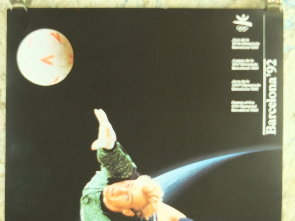 Original Vintage Olympic Spanish Barcelona 1992 Football Poster soccer ball goalkeeper dive goalie Olympiad sport wall art 1990s