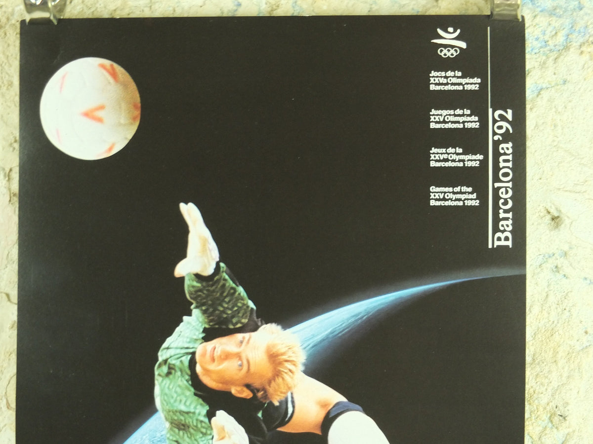 Original Vintage Olympic Spanish Barcelona 1992 Football Poster soccer ball goalkeeper dive goalie Olympiad sport wall art 1990s