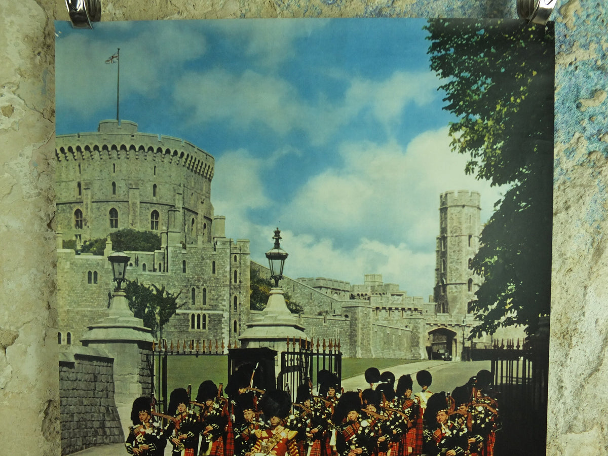 Original Vintage British Windsor Castle Travel Poster Britain Scots guards bagpipes hill round tower travel tourism holiday wall art 1950s